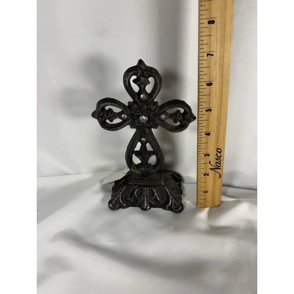 Rustic Cast Iron Fleur De Lis Cross w/ Rhinestones Table Decor 7”